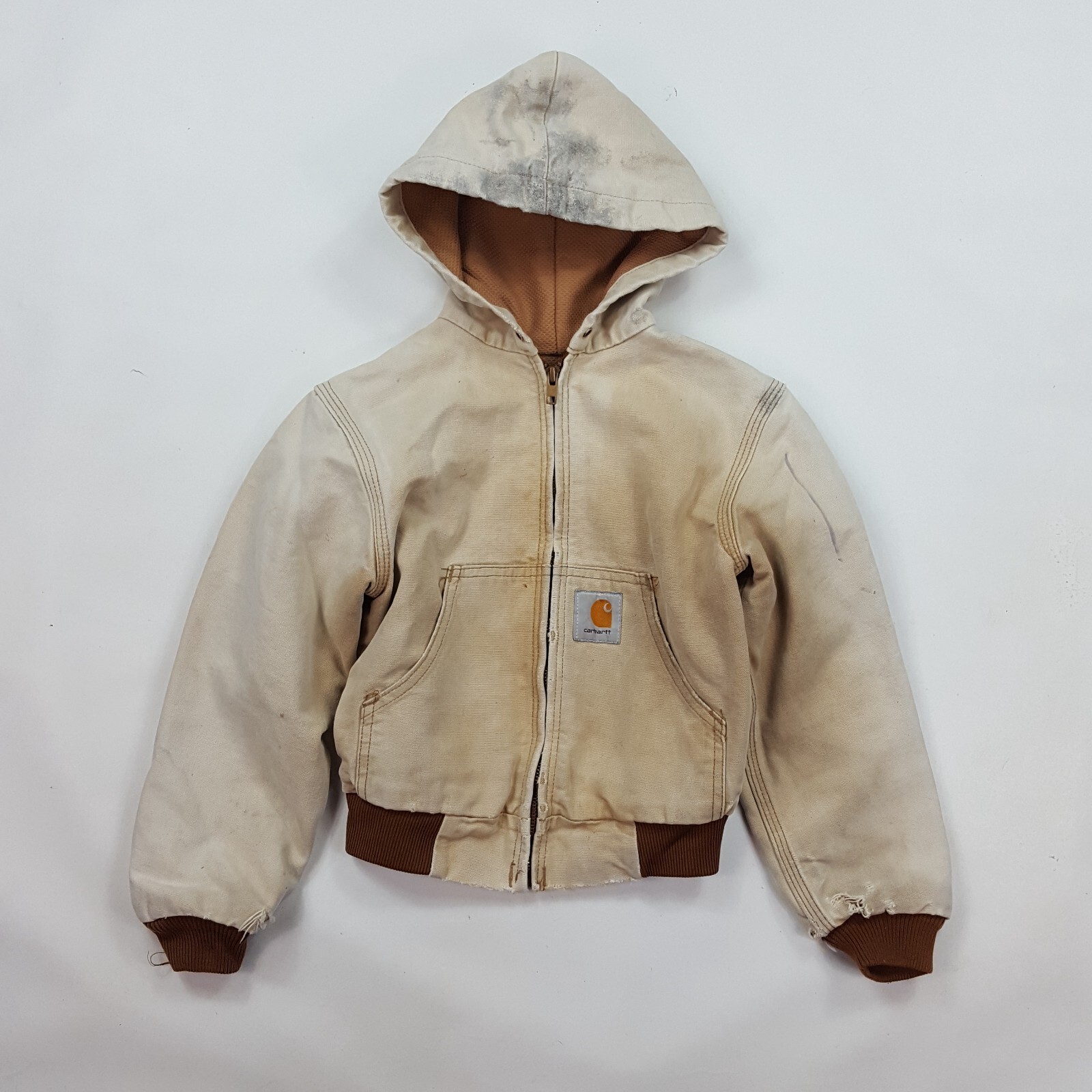 ジャケット・アウター carhatt damage faded traditional jacket Vintage Carhartt Faded Distressed Hooded Boys Medium Full