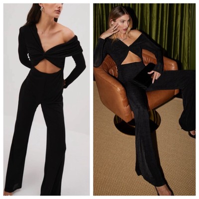 MISHA COLLECTION Gyda Black Slinky Jersey Jumpsuit Cutouts Flare Leg Medium NWT