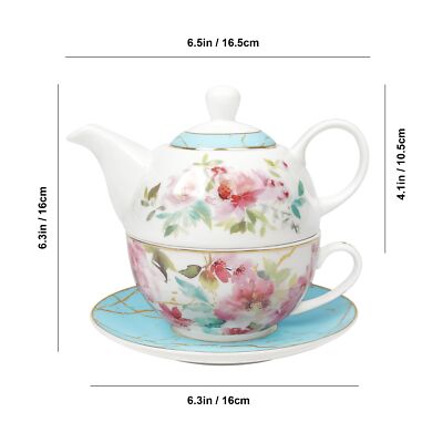 Pink Floral Tea for One Tea Cup and Saucer Set with Gold Trim Porcelain Tea a...