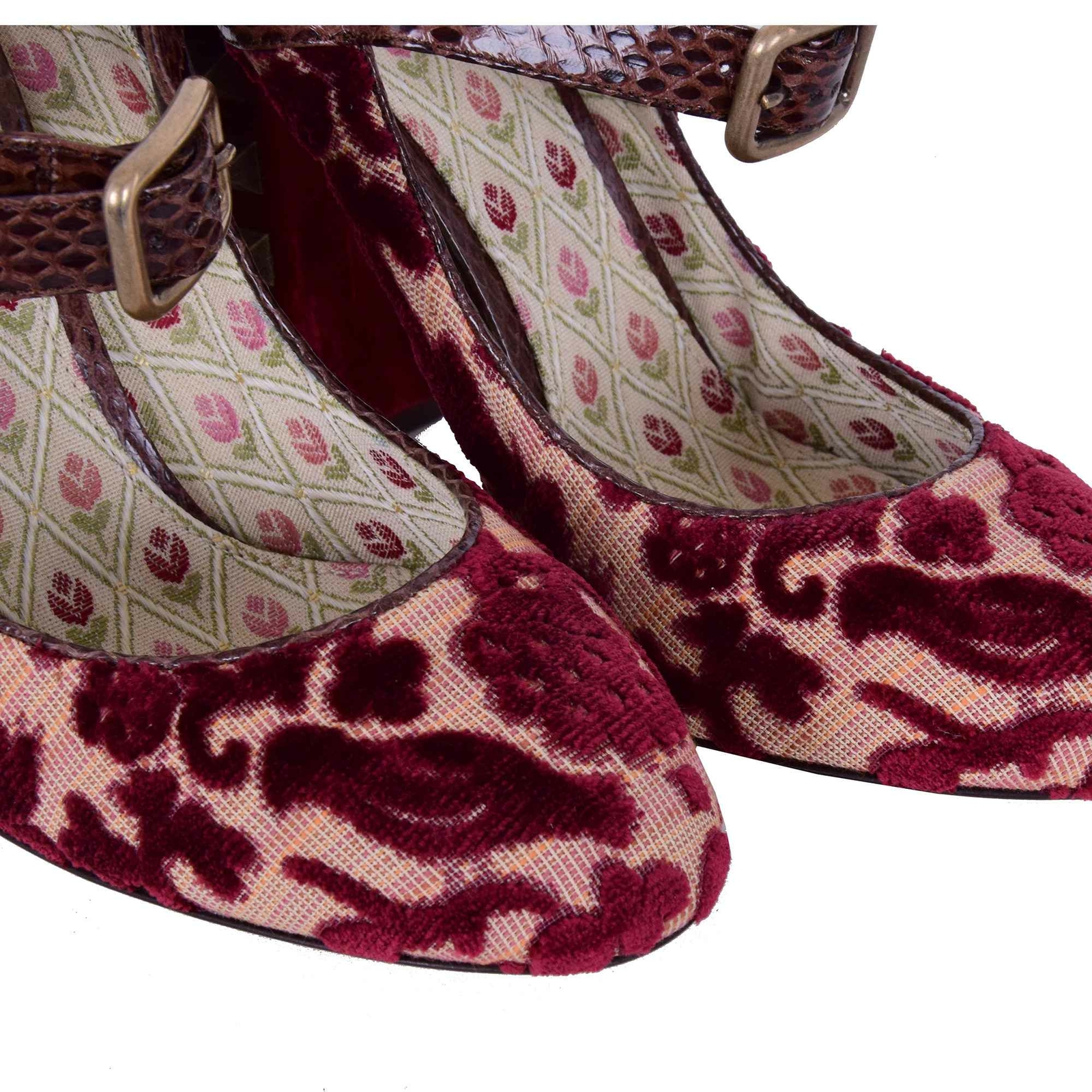 Pre-owned Dolce & Gabbana Baroque Studded Velour Mary Jane Pumps Heels Bordeaux 07830 In Red