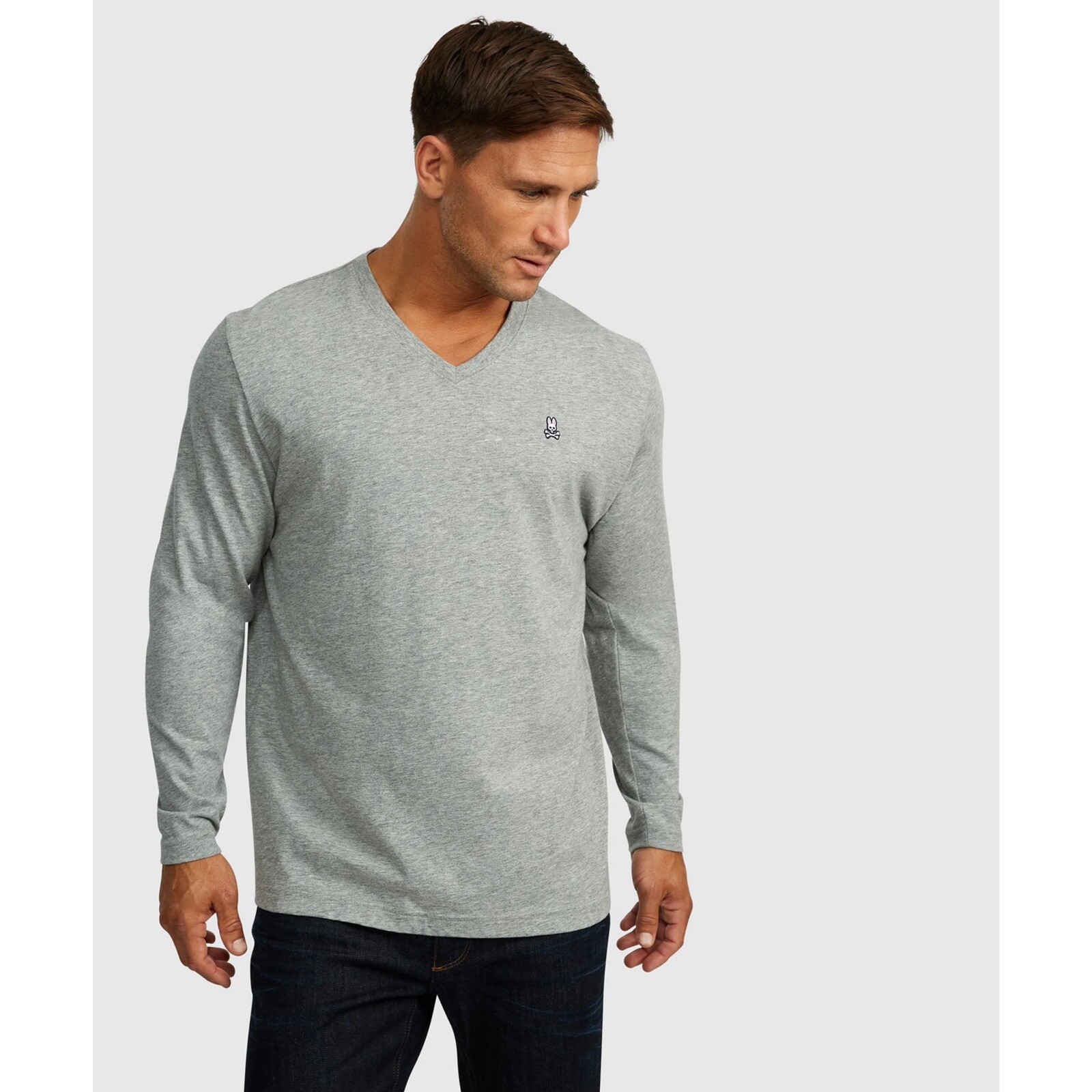 Psycho Bunny Men's Long Sleeve V-Neck T-shirt - Heather Grey, Size 5 (M