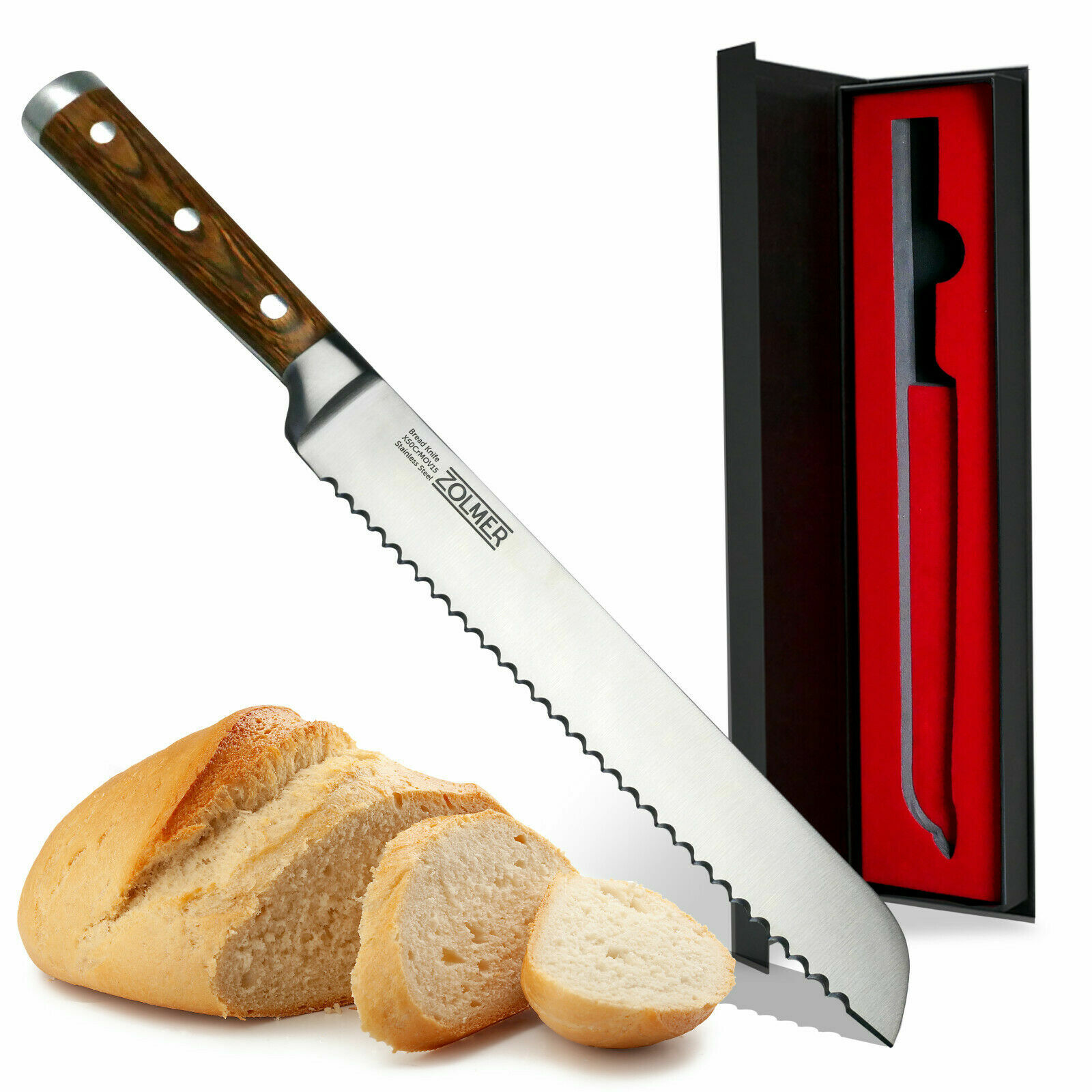 ZOLMER Brotmesser mit Wellenschliff Kochmesser mit Griff aus Pakka Wood