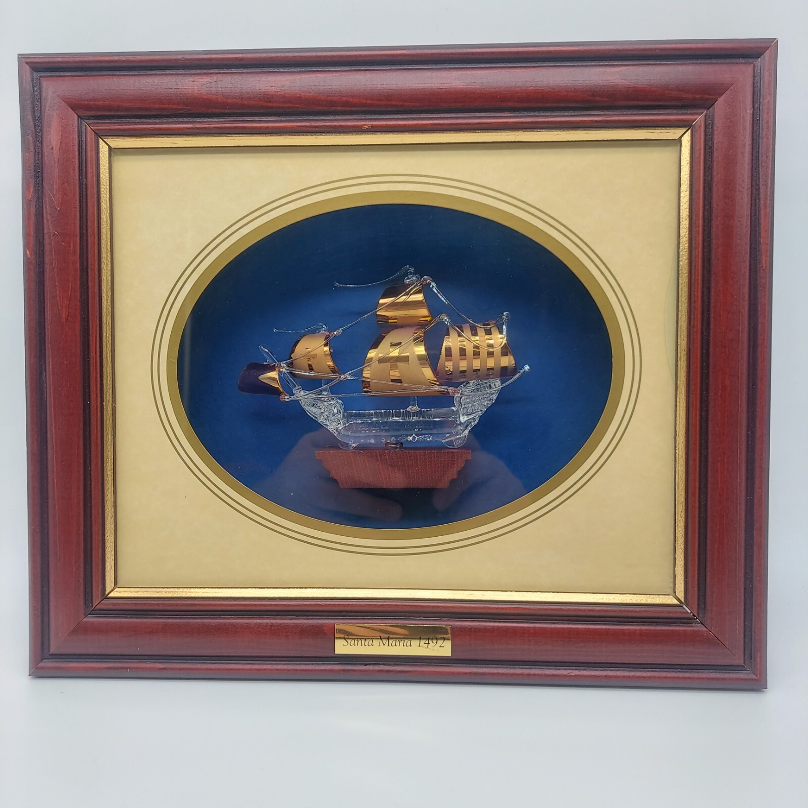 Santa Maria 1492 VTG Spun Glass Ship Hand Blown Wood Frame