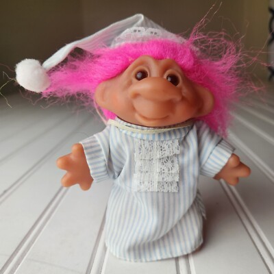 Vintage DAM TROLL Doll 1986 Blue Striped Nightgown 5   Pink Hair Brown Eyes