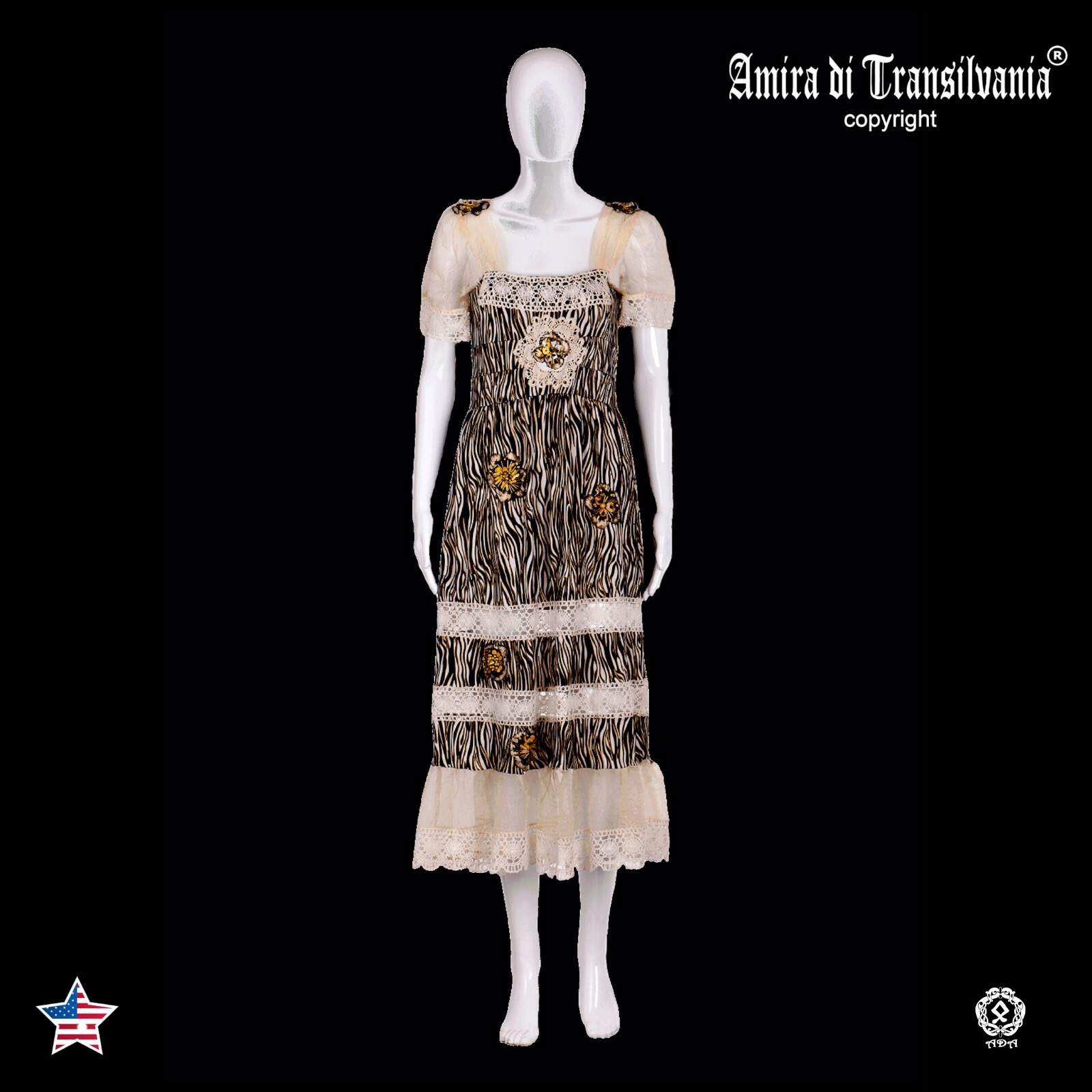 Pre-owned Amira Di Transilvania Women Clothing Summer Dress Fashion Brand Embroidered Black White Animal Print 1