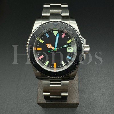 Custom Made Watch NH35 Auto Movement Sub Style Rainbow Marker Carbon Number B/BK