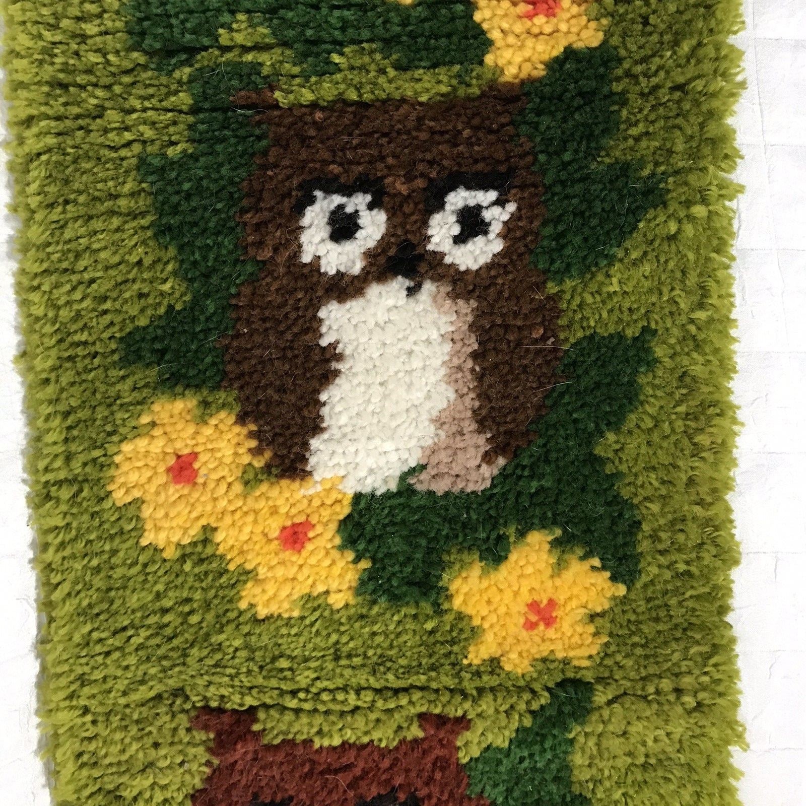 70s Owl Retro Latch Hook Rug Wall Hanging 46 x 13 Completed Retro 70s colors