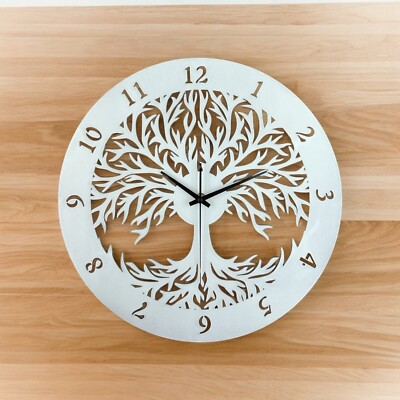 Wall Clock - Tree Of Life In White with Black Hands
