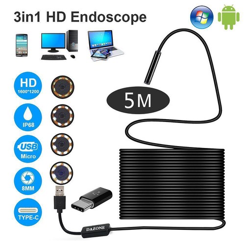 5M USB Endoskop Kamera Hartes Kabel 5,5mm HD LED Inspektion für Handy Android PC