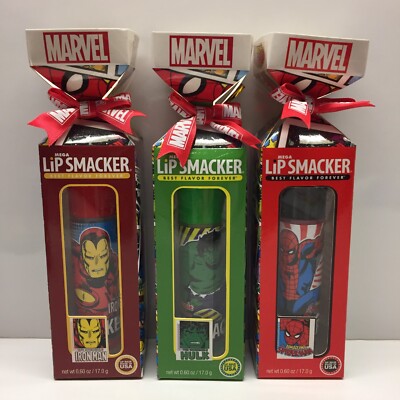 3 x Lip Smacker Biggy Mega MARVEL Pomegranate, Apple, Chocolate 0.60oz