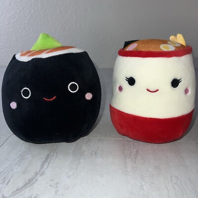 NEW-Squishmallow Shozo Sushi Roll & Raisy Ramen Bowl Set 5 