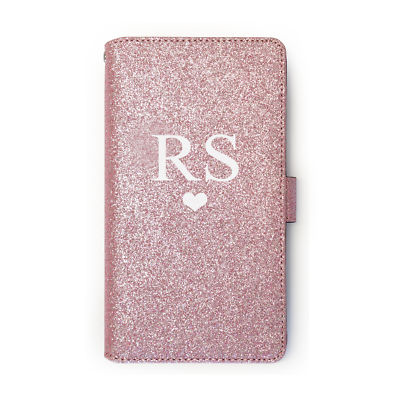 Personalised Initials Heart Rose Pink PU Leather Glitter Flip Phone Case