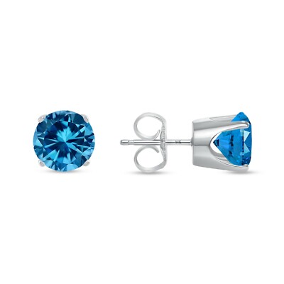 Pre-owned Shine Brite With A Diamond 3 Ct Round Cut Blue Earrings Crown Set Studs Real Solid 14k White Gold Push Back