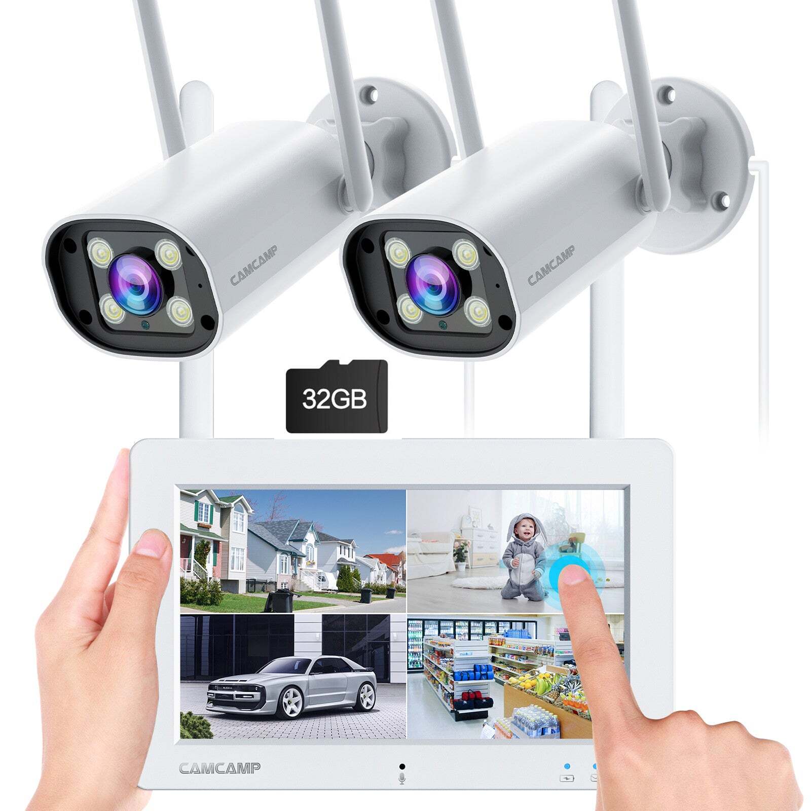 2K Security Camera System Surveillance Camera with 7" Touchscreen Monitor & 32GB