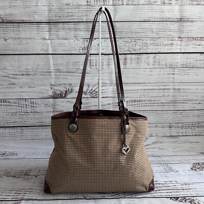 VTG Brighton Shoulder Handbag Purse Houndstooth Plaid Leather Handles Trim