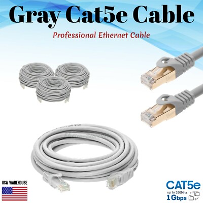 Cat5e Ethernet Patch Cable Gray 1.5 3 5 6 7 10 15 20 25 30 50 75 100 200 FT Lot