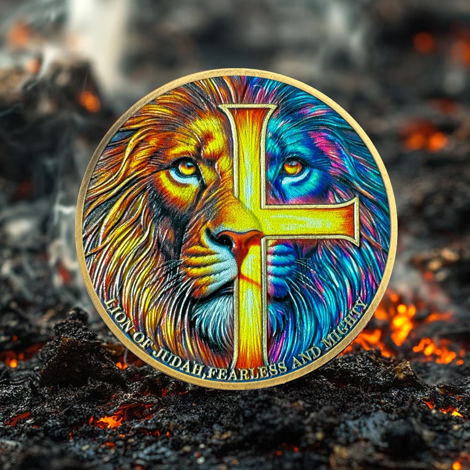 Challenge-Münze 'Be Strong & Courageous Lion' – Christliche Motivmünze Aus Vergoldetem Kupfer, 40 Mm