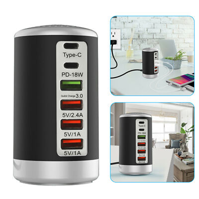 Multi 6 Port USB Charging Station Hub Tower Desktop Cell Phone Charger Organizer