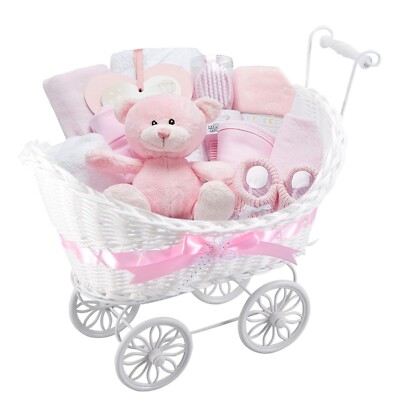 GIRLS BOYS PRAM BASKET GIFT LARGE WICKER STYLE HAMPER NEW BORN BABY SHOWER PARTY