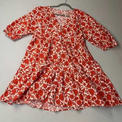 Mango MNG Women Dress 6 Red Floral Short Sleeve A Line NEW