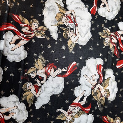 Cranston Print Works Christmas Cotton Fabric Angels Cherubs Black 64'' X 30''