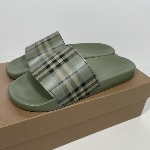 Pre-owned Burberry Nwb  Furley Men Rubber Slip On Slides Sandal Check Army Green Sz 10us/43