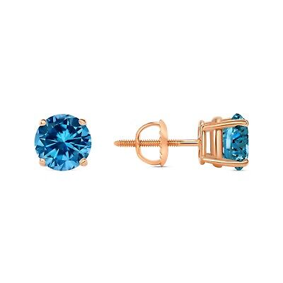 Pre-owned Shine Brite With A Diamond 2.50 Ct Round Cut Blue Earrings Studs Solid 14k Rose Gold Screw Back Basket In Pink