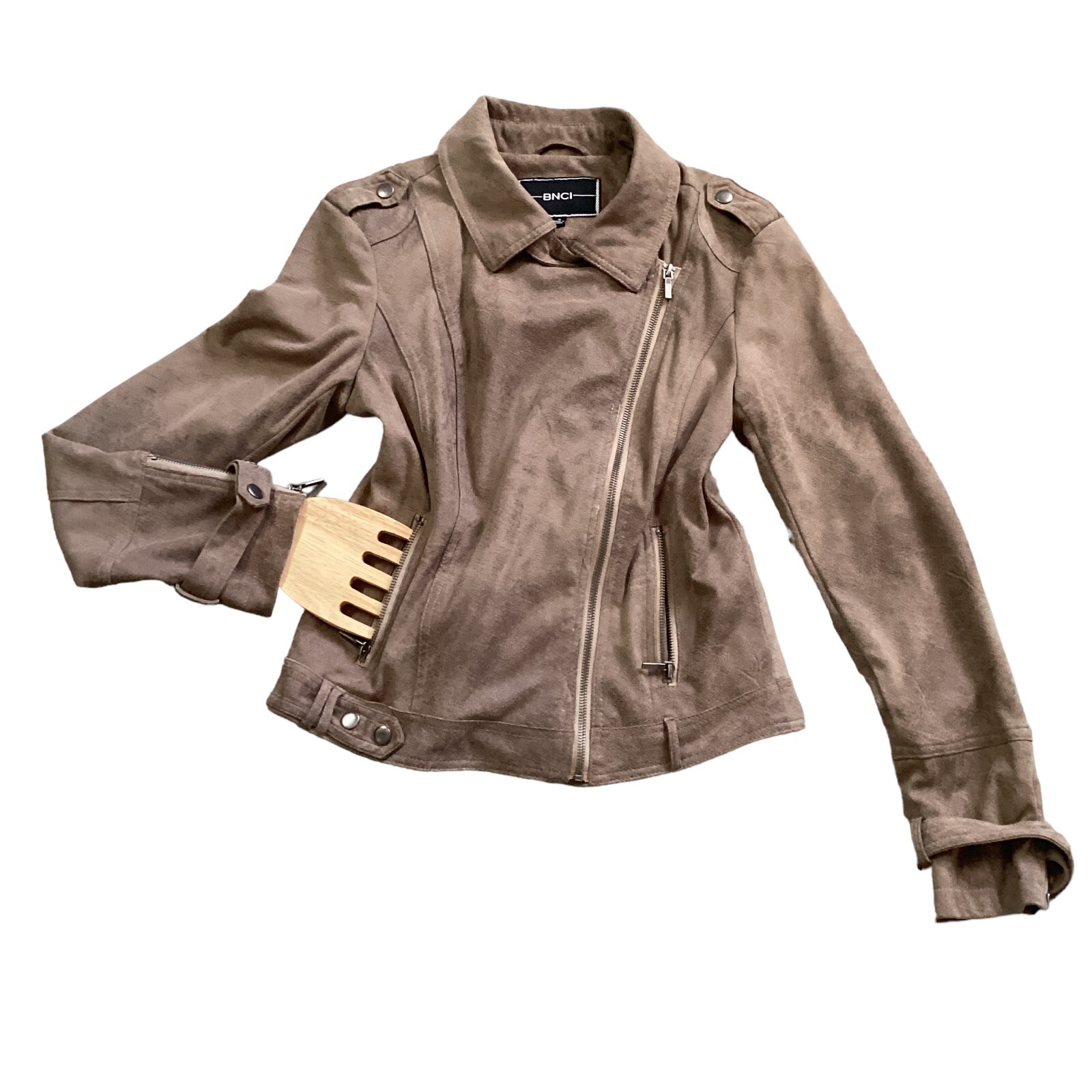 BNCI Blanc Noir Faux Suede Distressed Zip Moto Jacket Beige