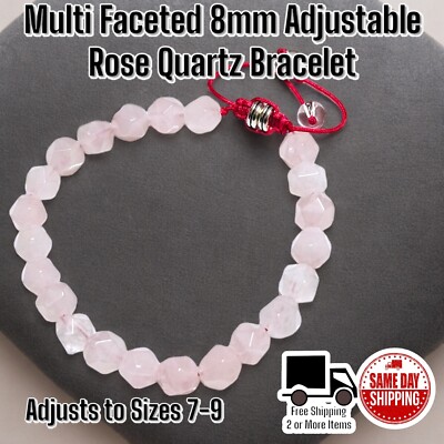 Rose Quartz Pink Adjustable Multi Faceted Crystal Healing Bracelet Sz 7-9