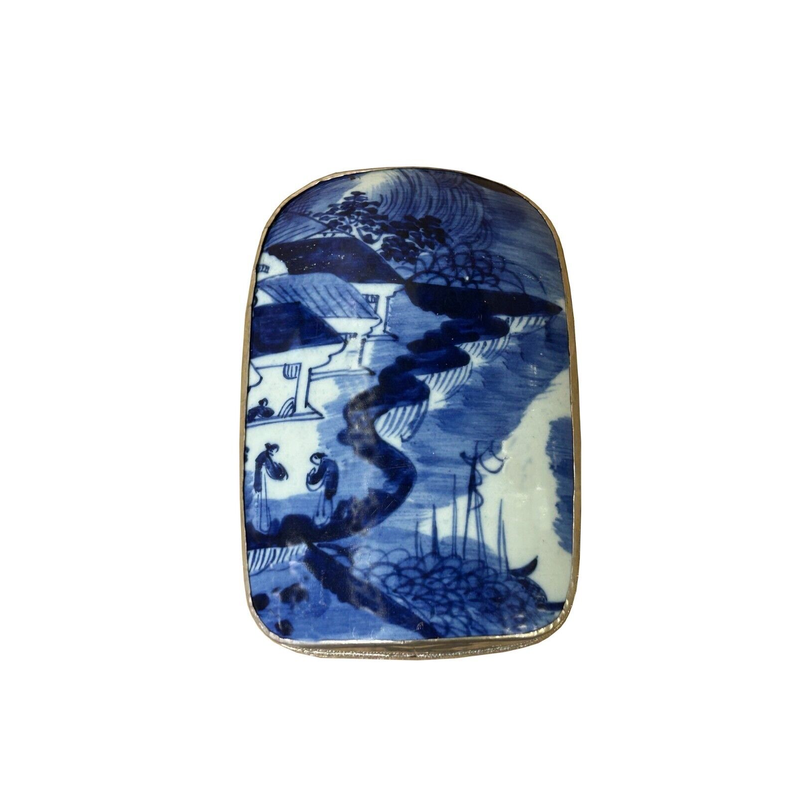 Chinese Old White Base Blue Flower Village Scenery Porcelain Art Pewter Box ws3925S Chinese Old White Base Blue Flower Village Scenery Porcelain Art Pewter Box ws3925S
