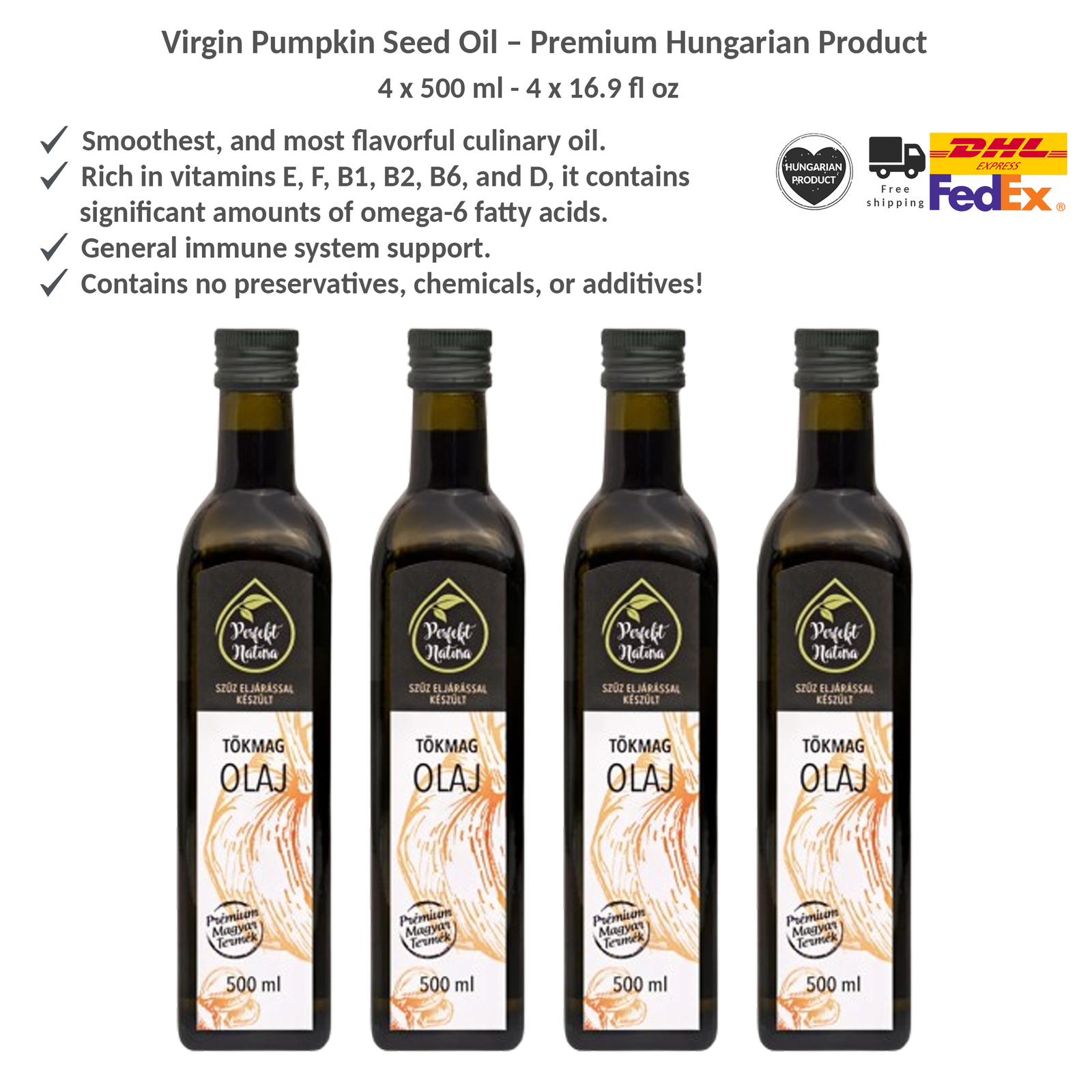 Hungarian Virgin Pumpkin Seed Cold-Pressed Oil, Culinary Vegetable Oil, 500mlx4