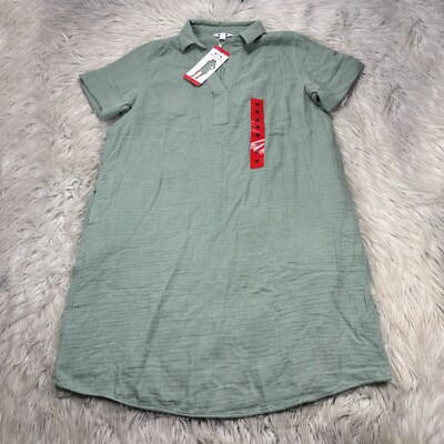 NWT Three Dots Women's M Green Gauze Cotton Short Sleeve Shift Dress