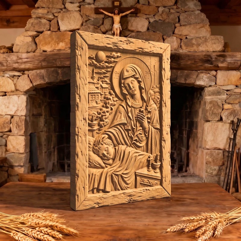 Virgin Mary Protects the Children Wooden Carved Handmade Christian Icon Decor
