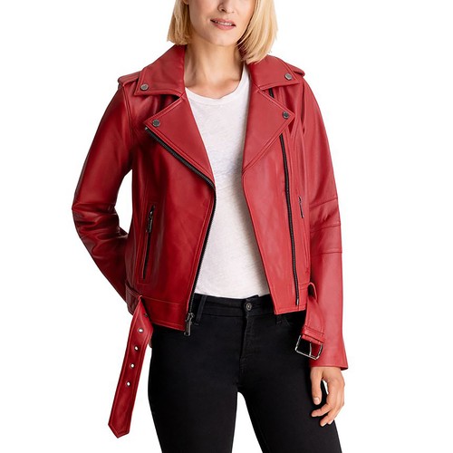 Pre-owned Michael Kors Women Moto Shoulder Epaulettes Belted Lamb Leather Jacket-scarlet In Red