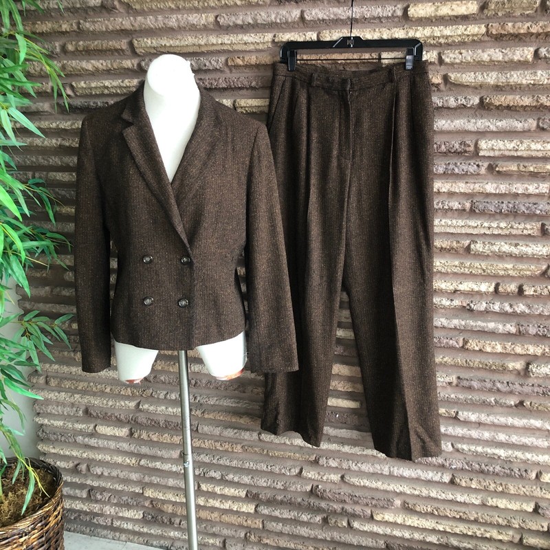 Neiman Marcus Vintage Brown Wool Tweed Double Breasted Suit Pleated Pants