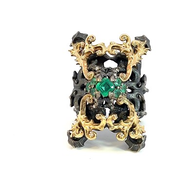 Alp Sagnak 18K yellow Gold 925 K Silver Ring Emeralds Diamonds Black Diamonds