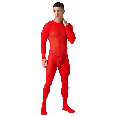 US Men's One Piece Sheer Bodysuit Jumpsuit Footed Pantyhose Full Body Stocking