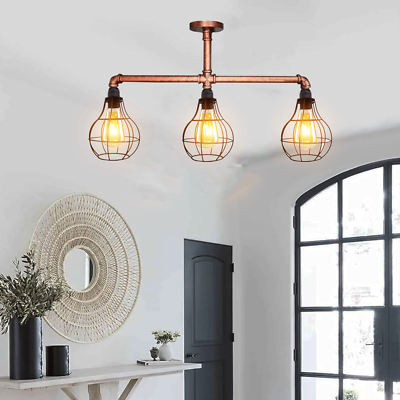 Vintage Ceiling Light Industrial Rustic Steampunk Water Pipe 3 Way Flush Lights
