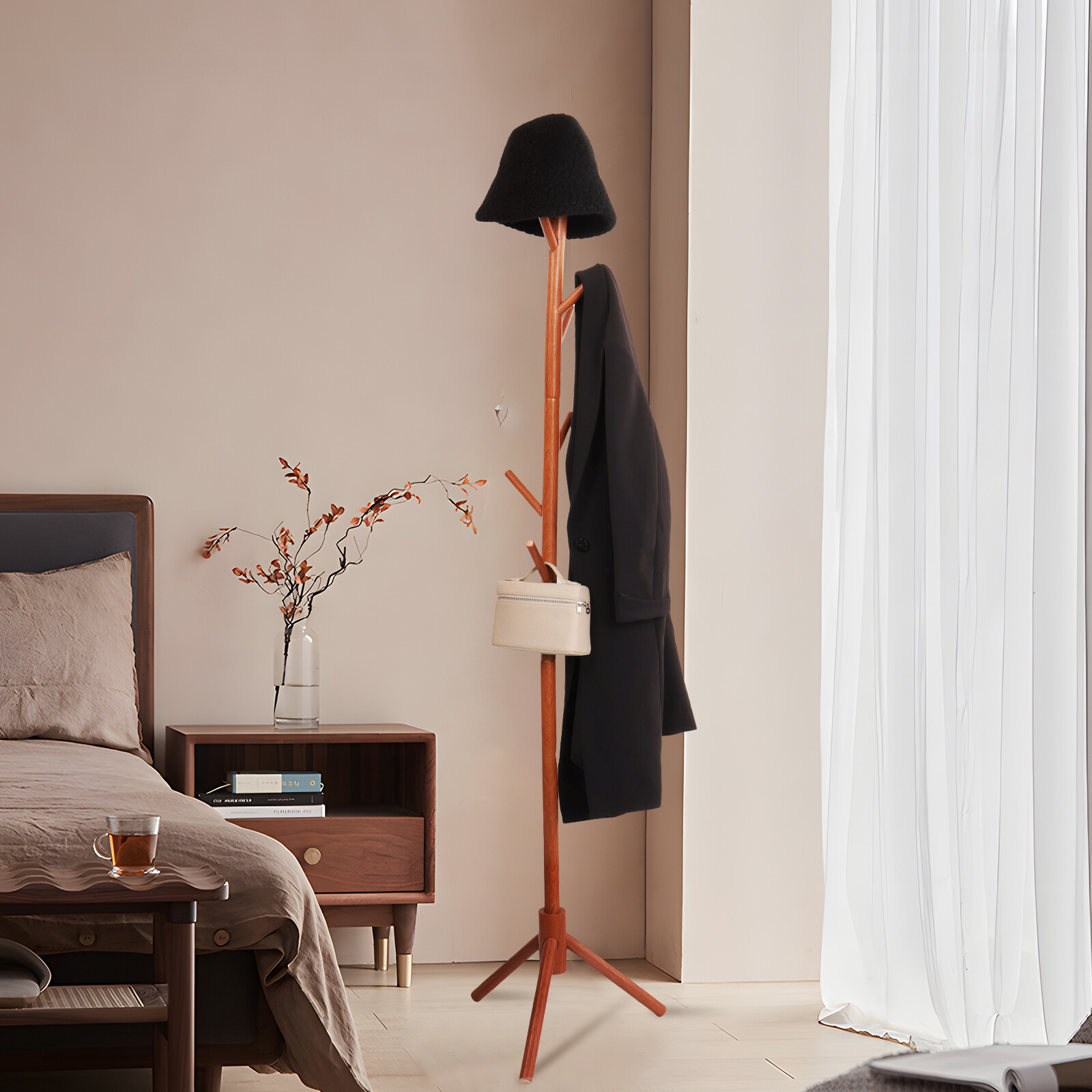 Wooden Clothes Stand with 8 Hooks 3 Adjustable Height Clothes Tree