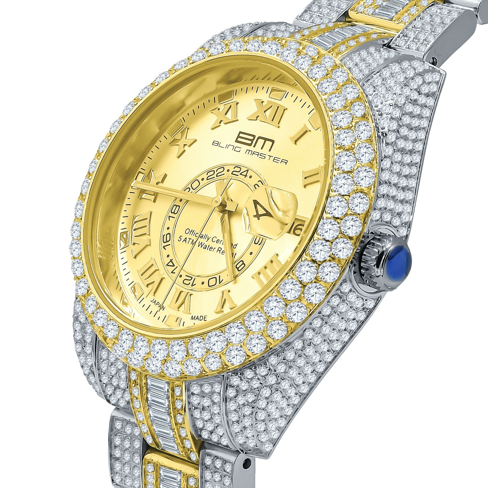 Pre-owned Bling Master 2 Tone Gold Tone Finish Full Stainless Steel Simulated Diamond Mens Watch W/date