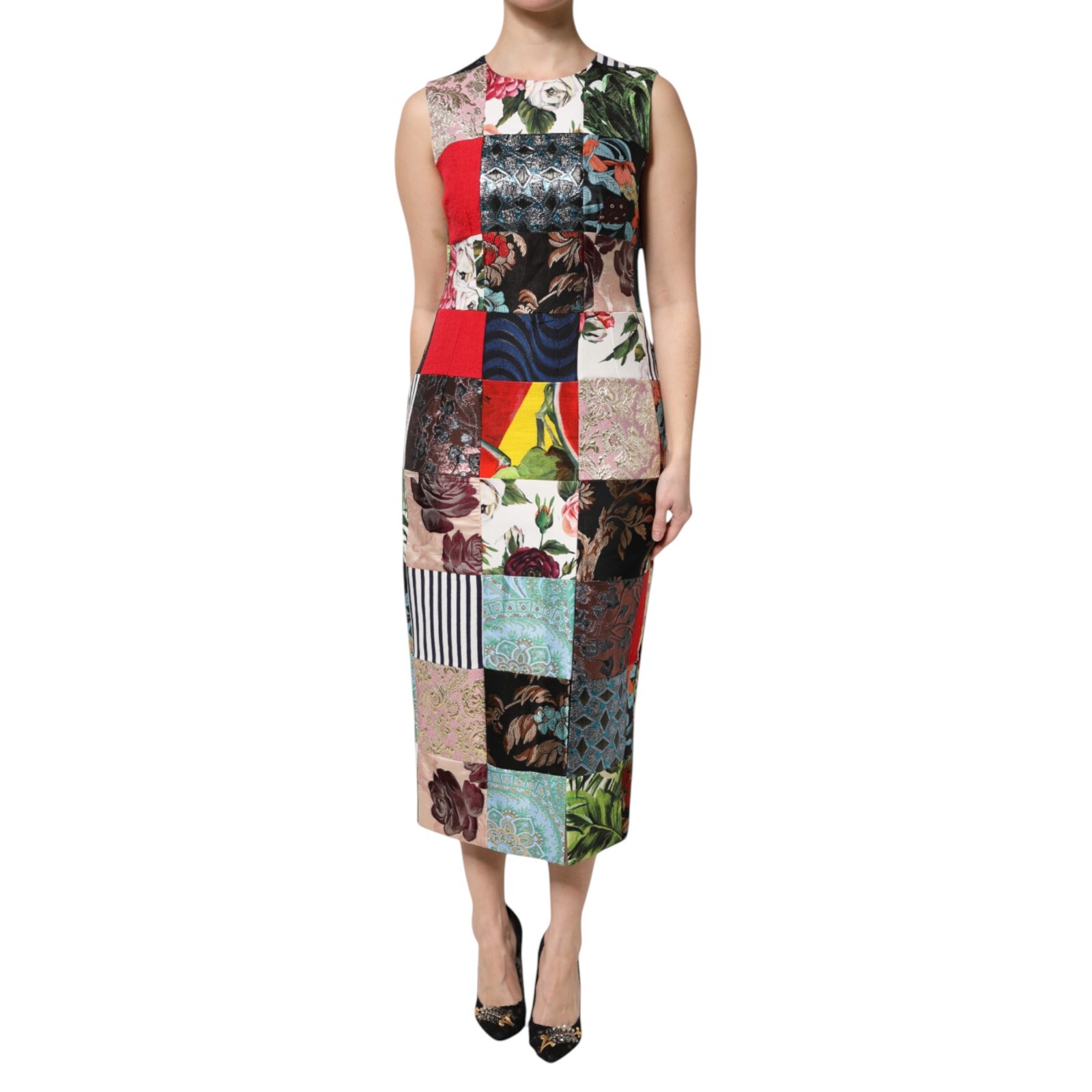 DOLCE & GABBANA Dress Multicolor Patchwork Sleeveless Sheath