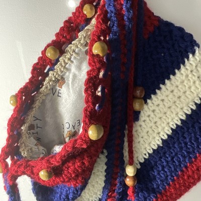 HOOKYLOOPS Hand Crochet Purse Tote XBODY Red White Blue PEACE UNITY Rev Bead Lg