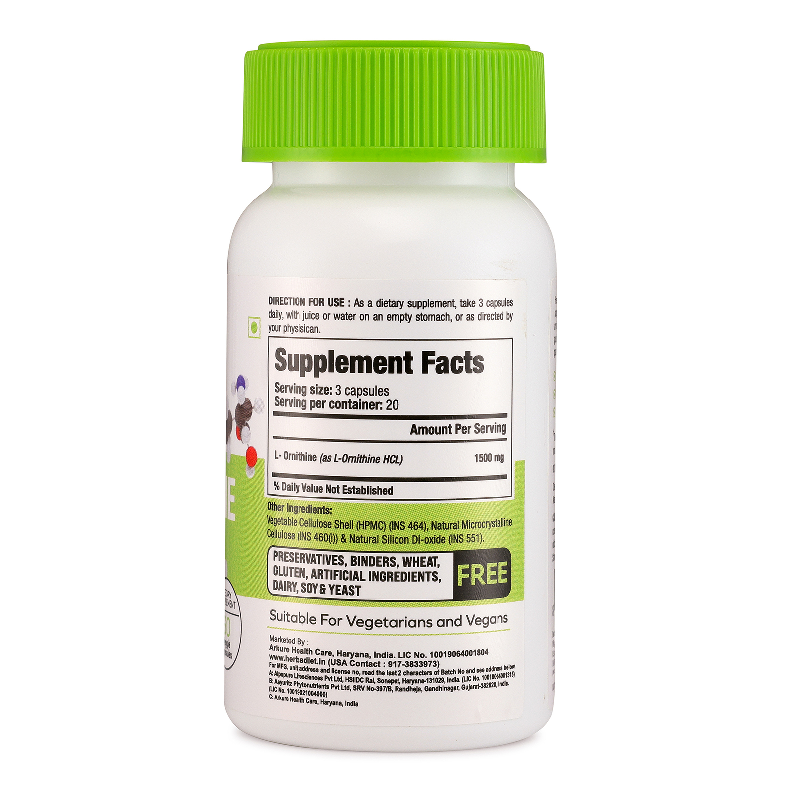 L-Ornithine Capsules Protein Metabolism Boosts Energy Sleep Aid Cardio Health - Picture 2 of 4