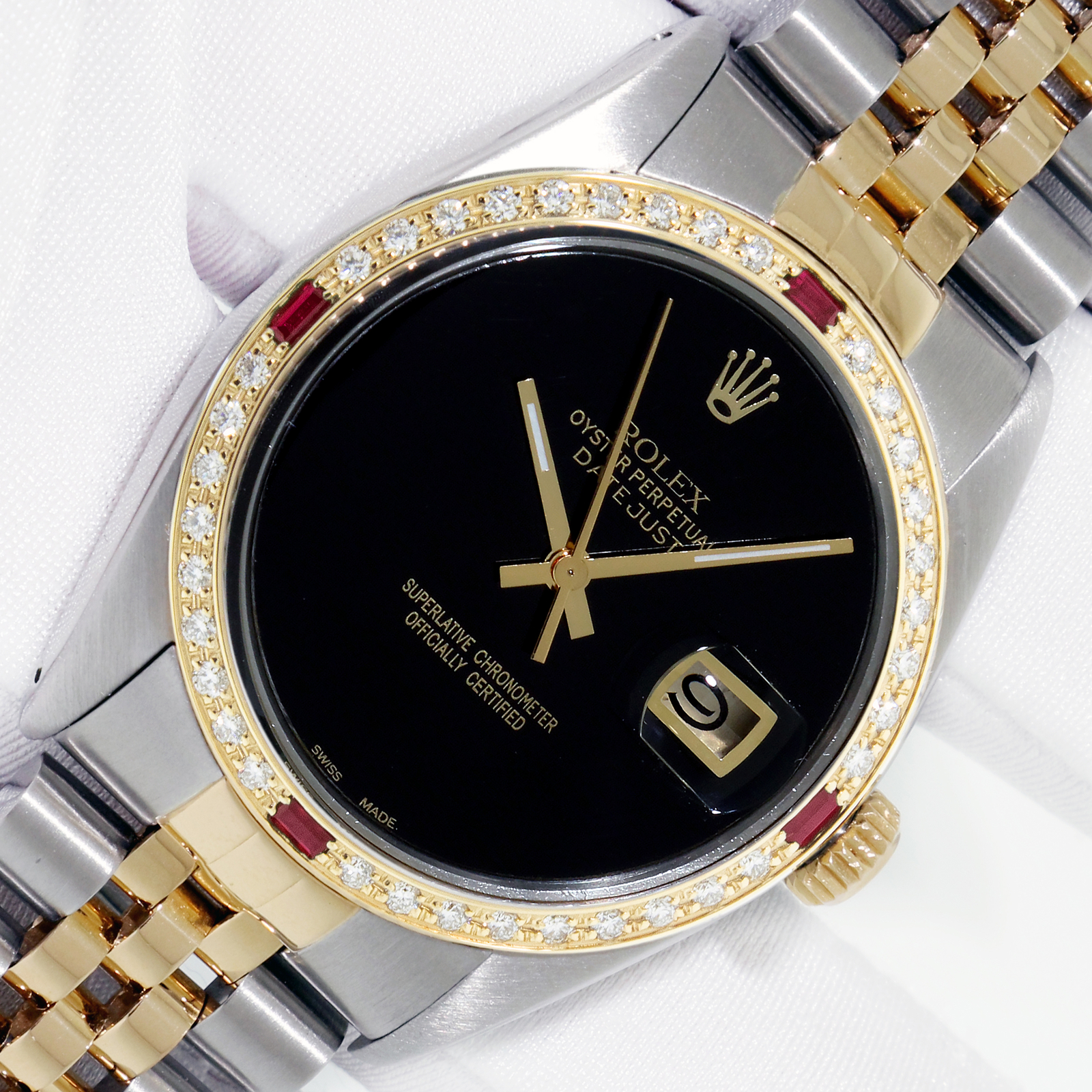Rolex Mens DateJust 36mm Black Onyx Watch Steel - 18k Gold Diamond Ruby Bezel