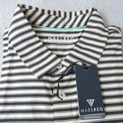 MAELREG Mens Performance Polo Shirt L Black Khaki Striped Wicking Sun Smart Golf