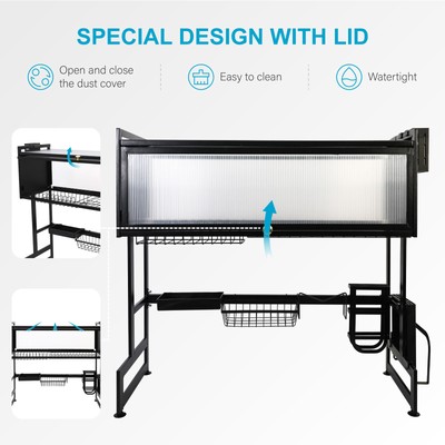 Over The Sink Dish Drying Rack 3 Tier Large Dish Rack Metal for Kitchen with Lid