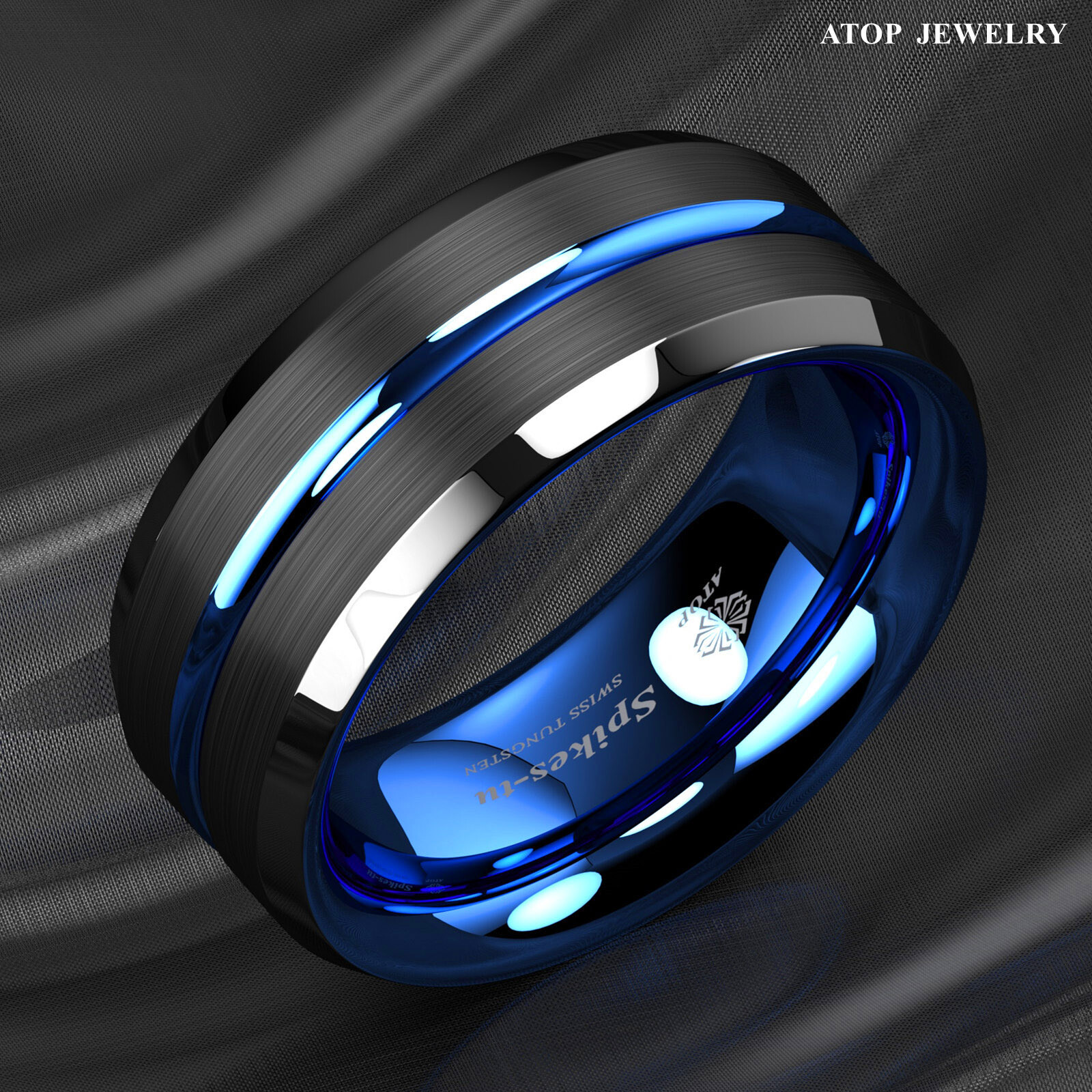 8/6mm Tungsten Men's Ring Thin Blue Line-Inside Black Brushed Band ATOP Jewelry