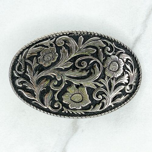 Silver Tone Oval Floral Engraved Buckle for 1” Belt 