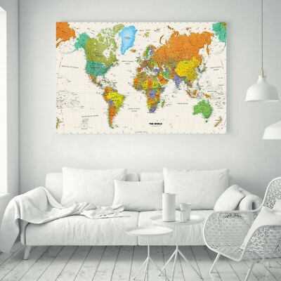 Huge Large Poster Thin Canvas Wall  Art Home Decor - World Map Teaching Details