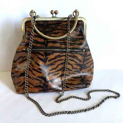 Patricia Nash Tiger Print Novella Handbag Leather Kiss Lock Art Deco Chain Strap